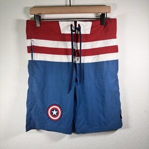 Disney Marvel Captain America Men Swim‎ Trunk Board Shorts Stripes | Size Small